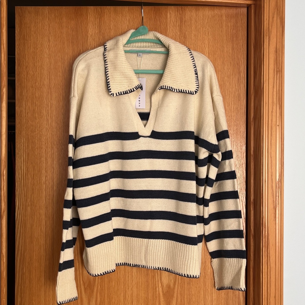 Baltic Born Navy and Cream V-Neck Sweater